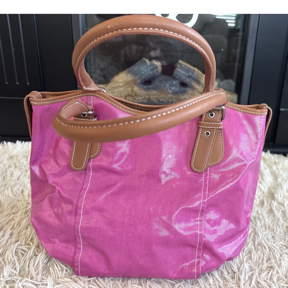 Vintage Boden Pink Canvas Tote Bag Bucket Purse with Brown Leather Trim - Picture 3 of 11